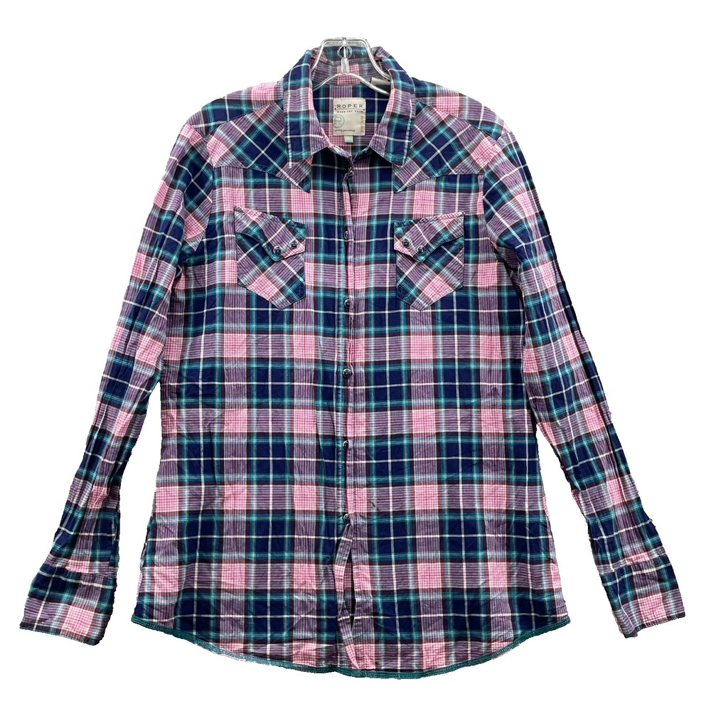 Roper Pearl Snap Western Shirt Women's Large Pink Blue Cowgirl Rodeo Y2k Riding